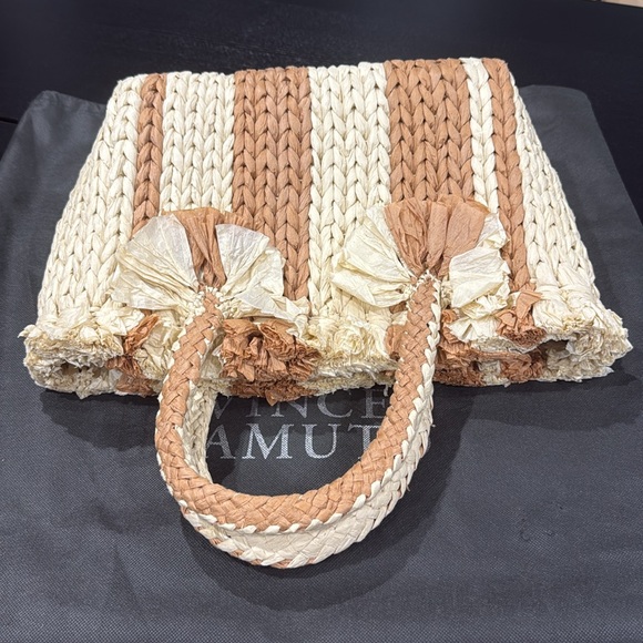 Vince Camuto Woven Tan and Cream Striped Raffia Tote Bag Purse w Crossbody Strap - Picture 4 of 8